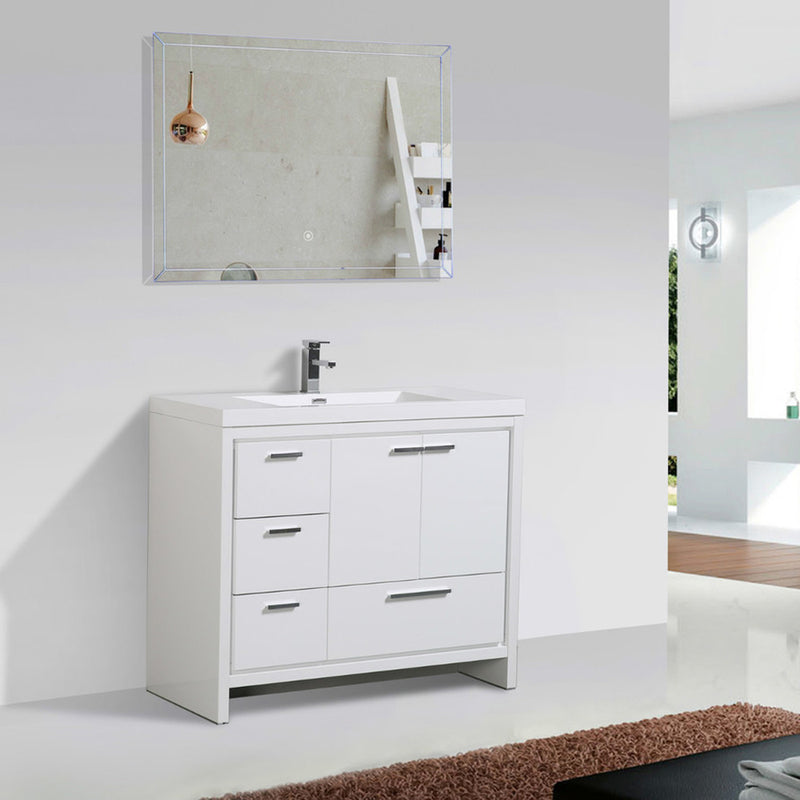 Alma Vanity Allier 42" High Gloss White Vanity with Integrated Sink and Left Side Drawers