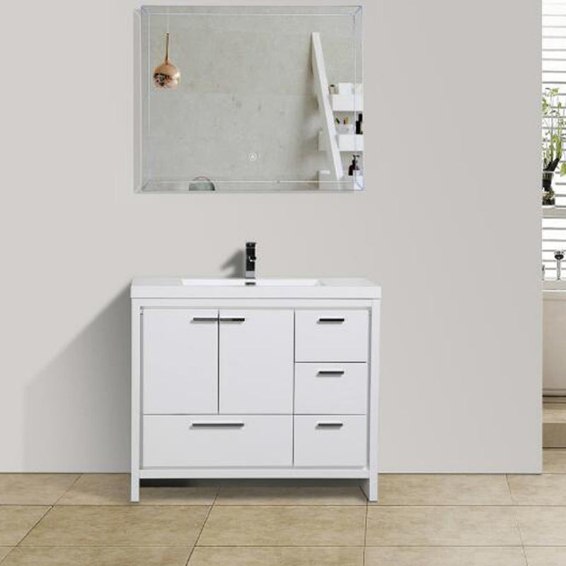 Alma Vanity Allier 42" High Gloss White Vanity with Integrated Sink and Right Side Drawers