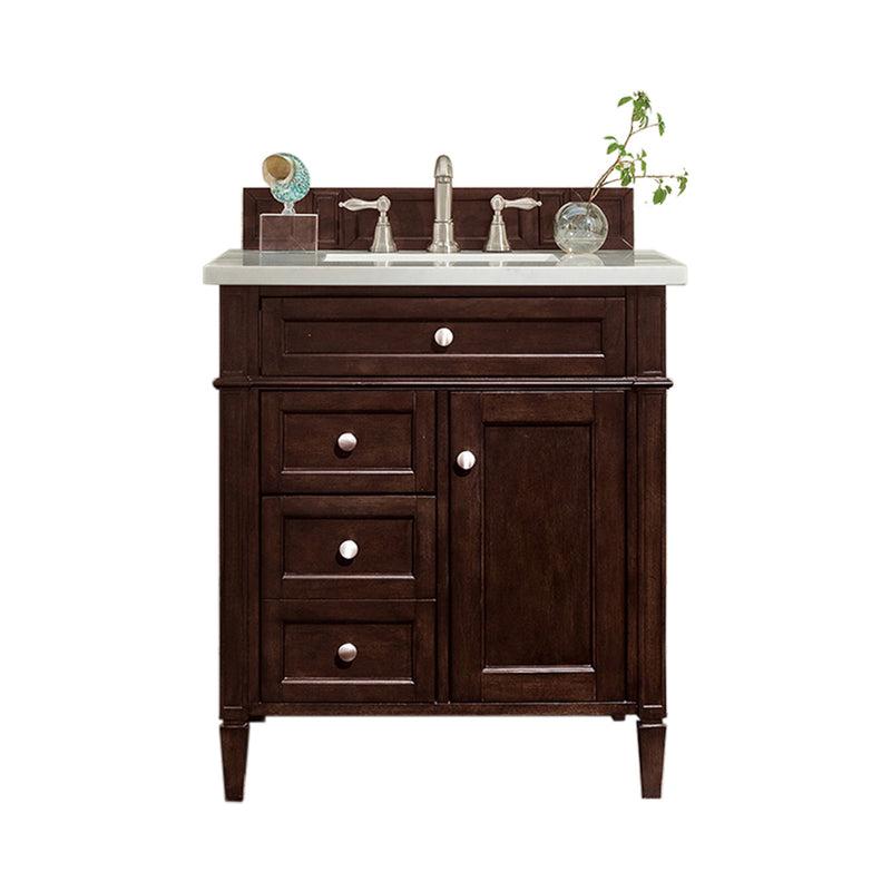 James Martin Brittany 30" Single Vanity Burnished Mahogany with 3 cm Classic White Quartz Top 650-V30-BNM-3CLW