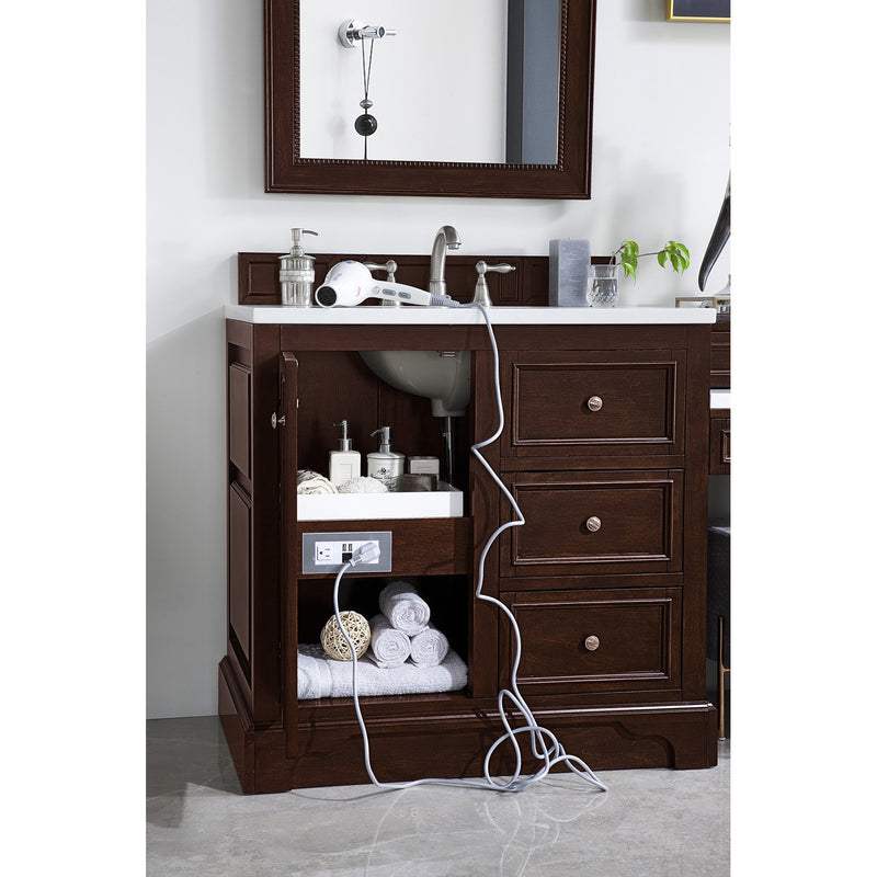 James Martin De Soto 94" Double Vanity Set Burnished Mahogany with Makeup Table 3 cm Arctic Fall Solid Surface Top 825-V94-BNM-DU-AF