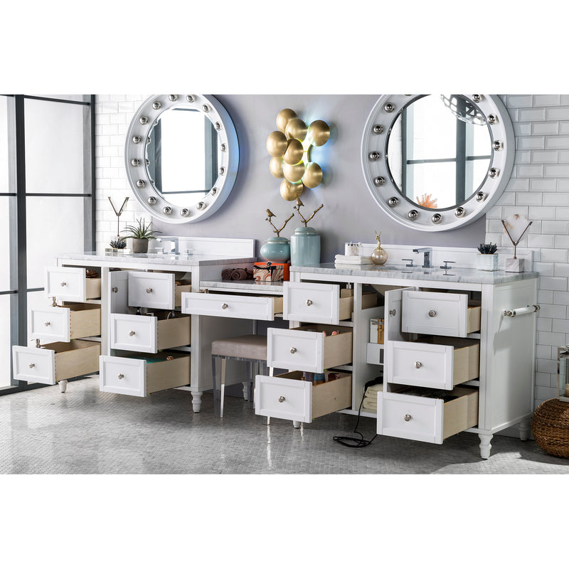 James Martin Copper Cove Encore 122" Double Vanity Set Bright White with Makeup Table 3 cm Carrara Marble Top 301-V122-BW-DU-3CAR