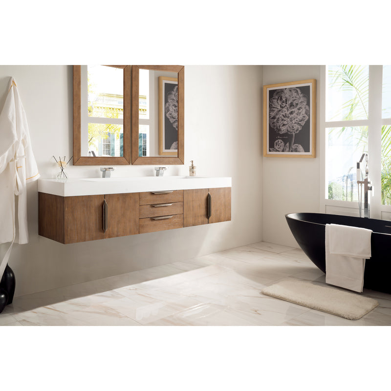 James Martin Mercer Island 72" Double Vanity Latte Oak with Glossy White Composite Top 389-V72D-LTO-A-GW