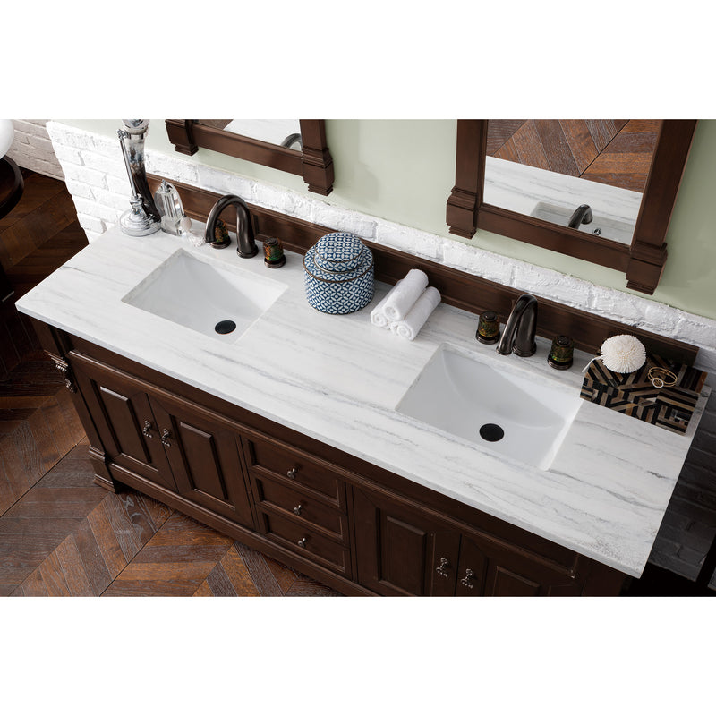 James Martin Brookfield 72" Burnished Mahogany Double Vanity with 3 cm Arctic Fall Solid Surface Top 147-114-5761-3AF