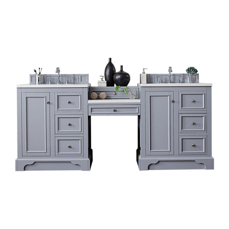 James Martin De Soto 82" Double Vanity Set Silver Gray with Makeup Table 3 cm Arctic Fall Solid Surface Top 825-V82-SL-DU-AF