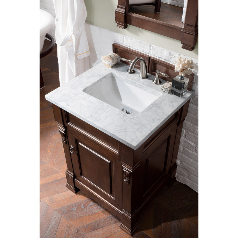 James Martin Brookfield 26" Burnished Mahogany Single Vanity with 3 cm Carrara Marble Top 147-114-V26-BNM-3CAR