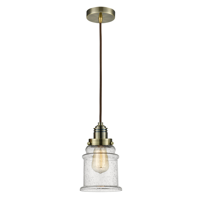 Canton Mini Pendant shown in the Antique Brass finish with a Seedy shade