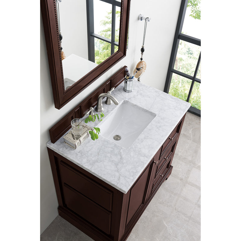 James Martin De Soto 36" Single Vanity Burnished Mahogany with 3 cm Carrara Marble Top 825-V36-BNM-3CAR