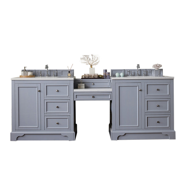 James Martin De Soto 94" Double Vanity Set Silver Gray with Makeup Table 3 cm Classic White Quartz Top 825-V94-SL-DU-CLW