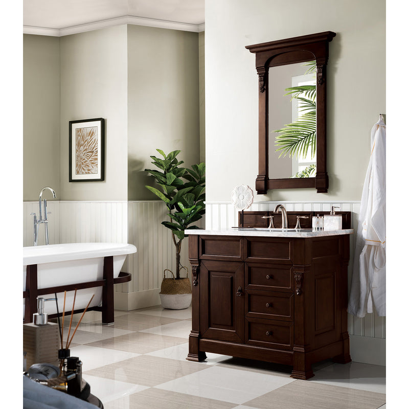 James Martin Brookfield 36" Burnished Mahogany Single Vanity with 3 cm Carrara Marble Top 147-114-5566-3CAR