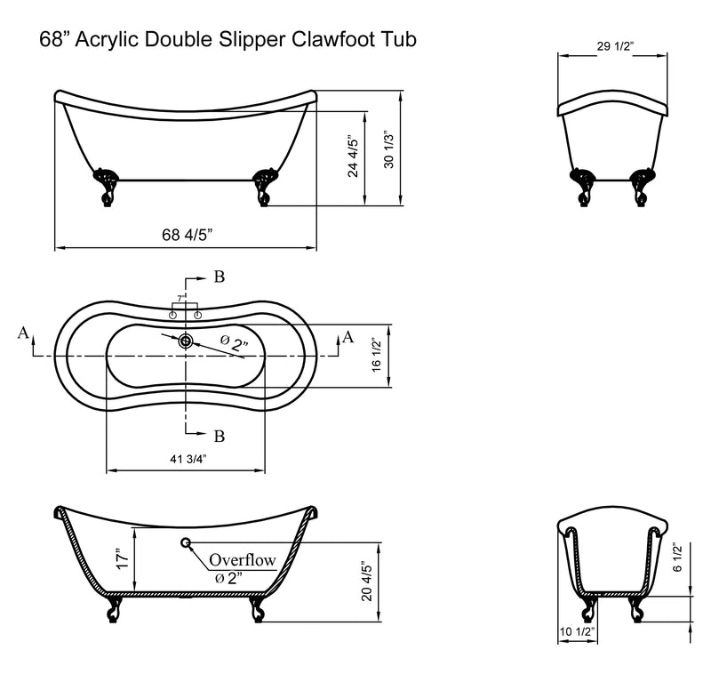 Cambridge Plumbing Acrylic Double Ended Clawfoot Bathtub 68" x 28" No Drillings BRZ Package