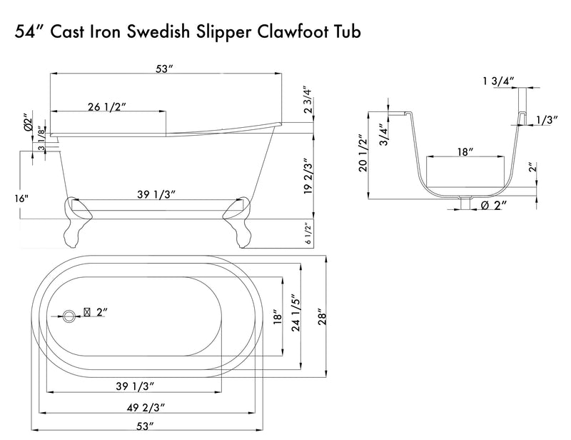 Cambridge Plumbing Cast Iron Swedish Slipper Tub 54" x 30" No Faucet Drillings Package