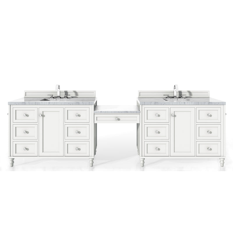 James Martin Copper Cove Encore 122" Double Vanity Set Bright White with Makeup Table 3 cm Carrara Marble Top 301-V122-BW-DU-3CAR