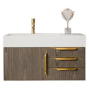 James Martin Mercer Island 36" Single Vanity Ash Gray Radiant Gold with Glossy White Composite Top 389-V36-AGR-G-GW