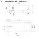 Cambridge Plumbing Cast Iron Rolled Rim Clawfoot Tub 61" x 30" No Faucet Drillings PC Feet