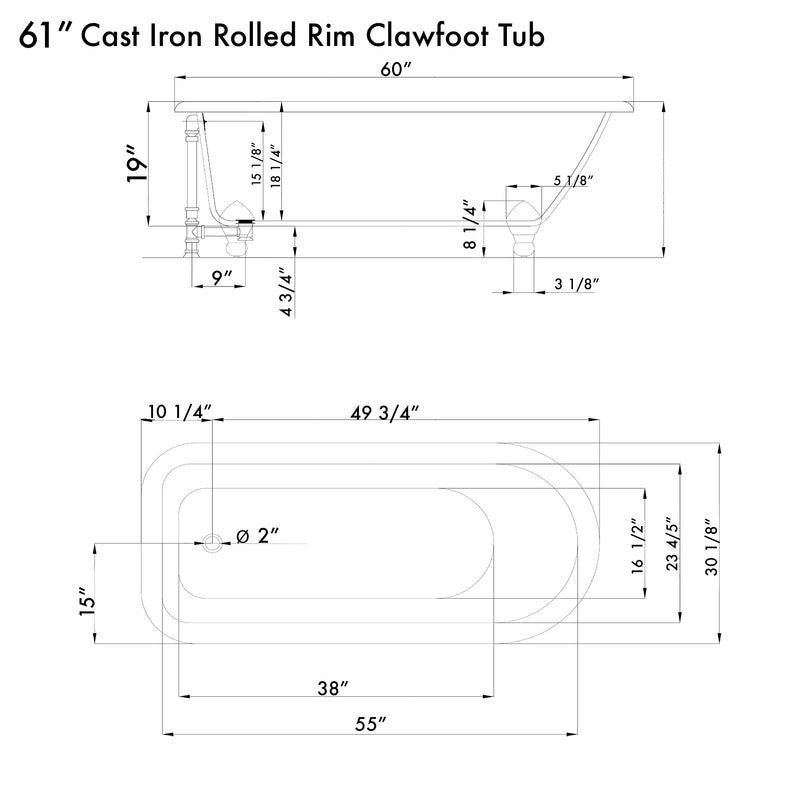 Cambridge Plumbing Cast Iron Rolled Rim Clawfoot Tub 61" x 30" Complete BN Package