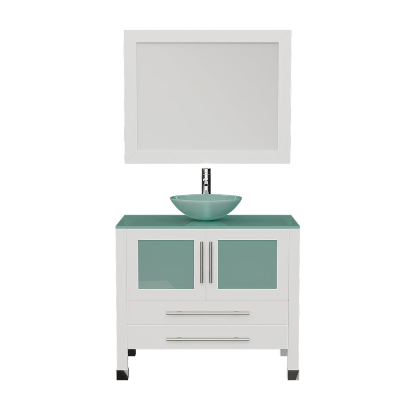 Cambridge Plumbing 36" White Solid Wood & Glass Single Vessel Sink Vanity, Chrome Faucet