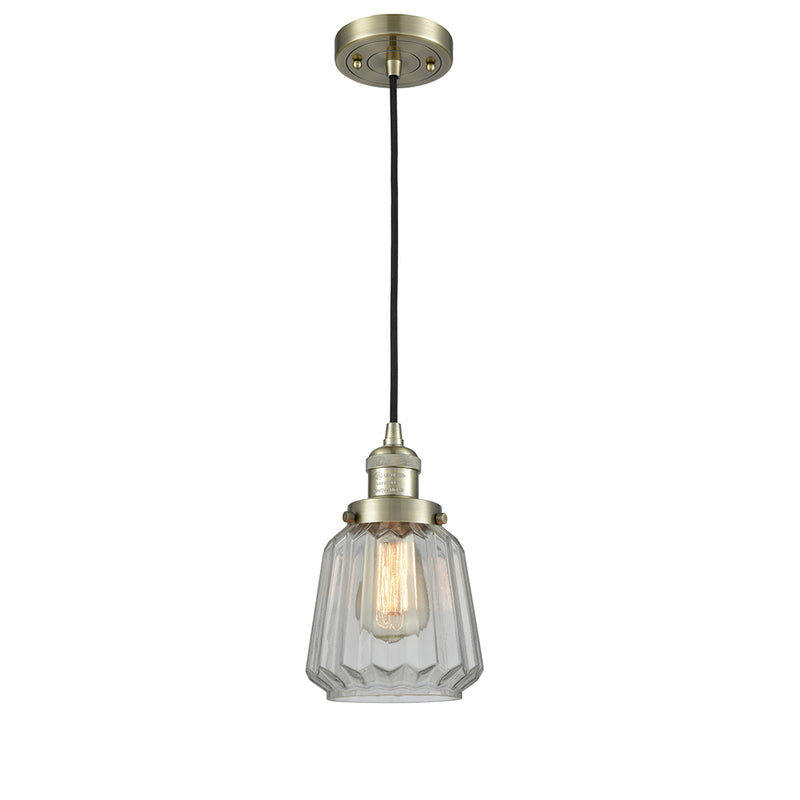 Chatham Mini Pendant shown in the Antique Brass finish with a Clear shade