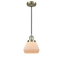 Fulton Mini Pendant shown in the Antique Brass finish with a Matte White shade