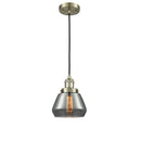 Fulton Mini Pendant shown in the Antique Brass finish with a Plated Smoke shade