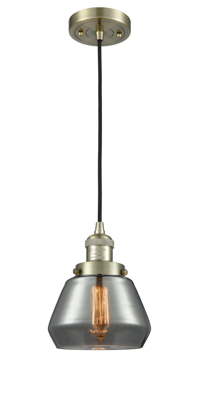 Innovations Lighting Fulton 1-100 watt 7 inch Antique Brass Mini Pendant with Smoked glass 201CABG173