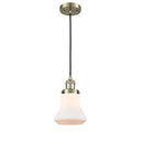 Bellmont Mini Pendant shown in the Antique Brass finish with a Matte White shade