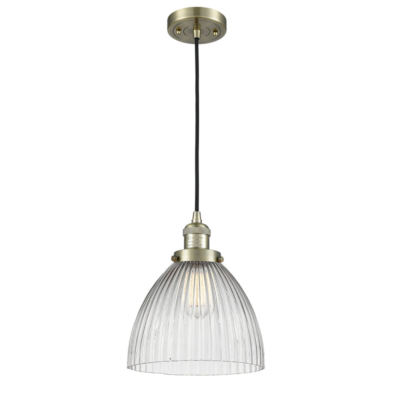 Seneca Falls Mini Pendant shown in the Antique Brass finish with a Clear Halophane shade