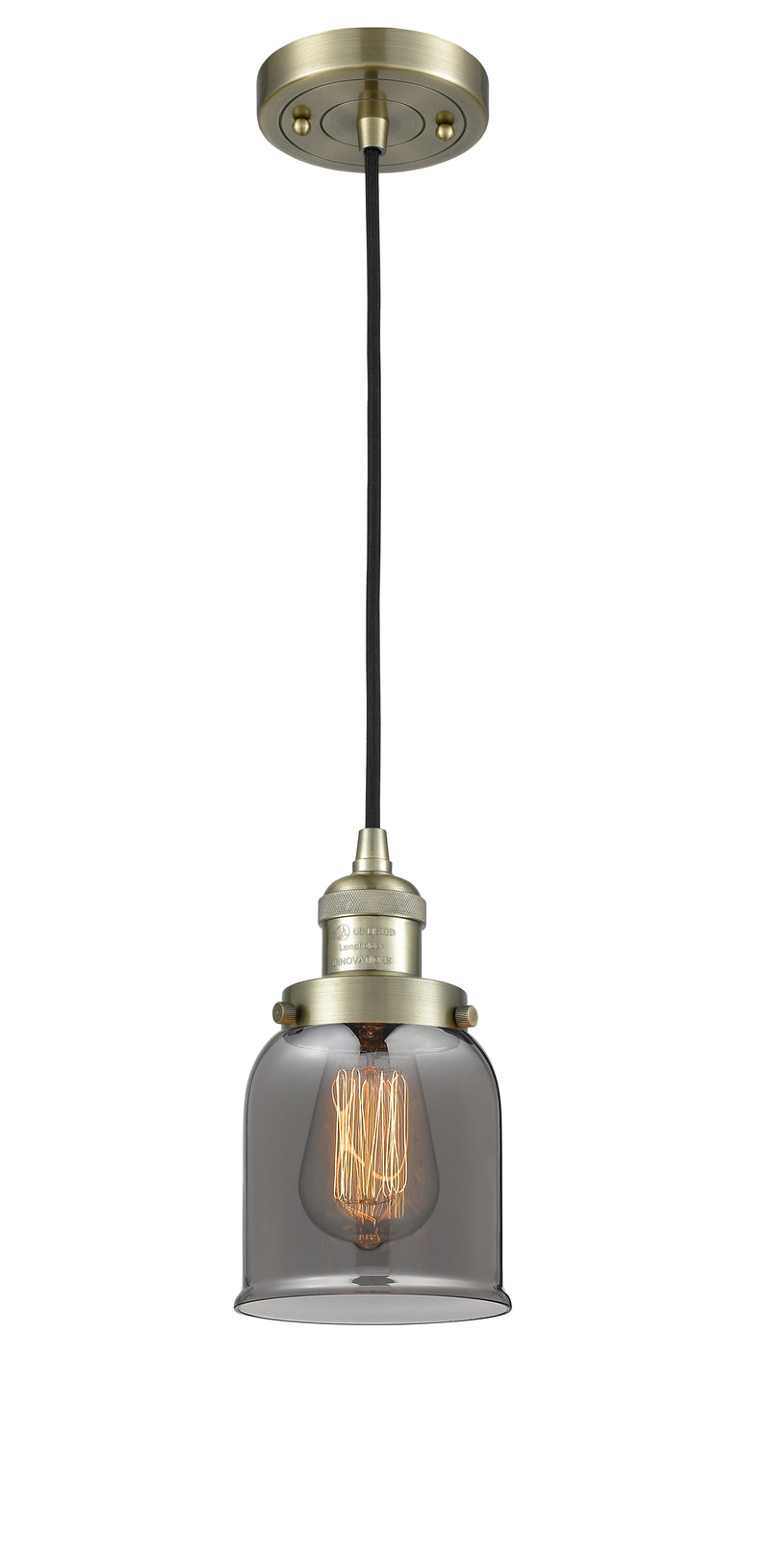 Innovations Lighting Small Bell 1-100 watt 5 inch Antique Brass Mini Pendant with Smoked glass 201CABG53