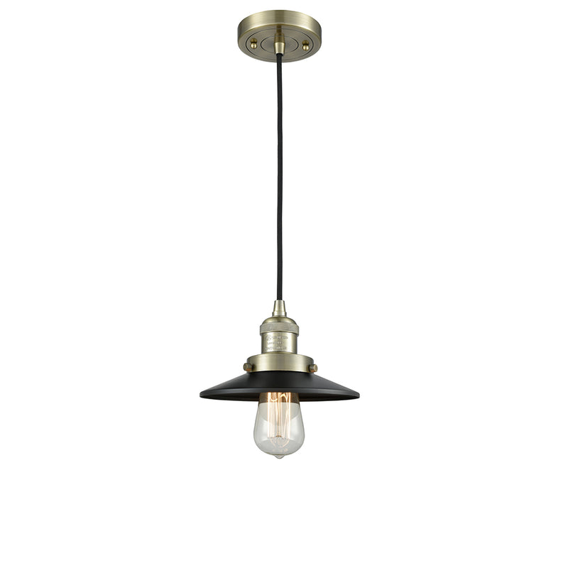 Railroad Mini Pendant shown in the Antique Brass finish with a Matte Black shade