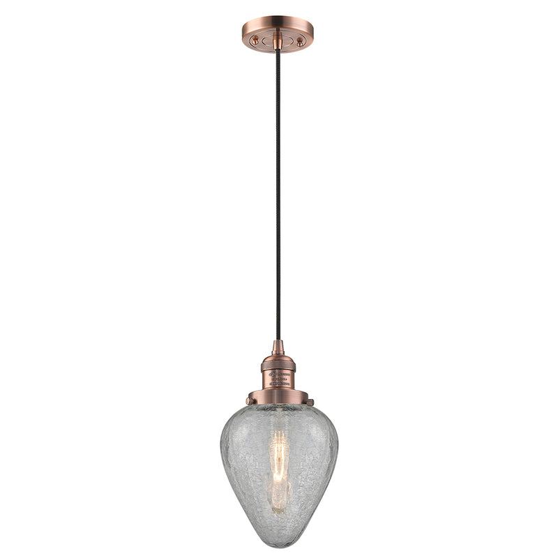 Geneseo Mini Pendant shown in the Antique Copper finish with a Clear Crackled shade