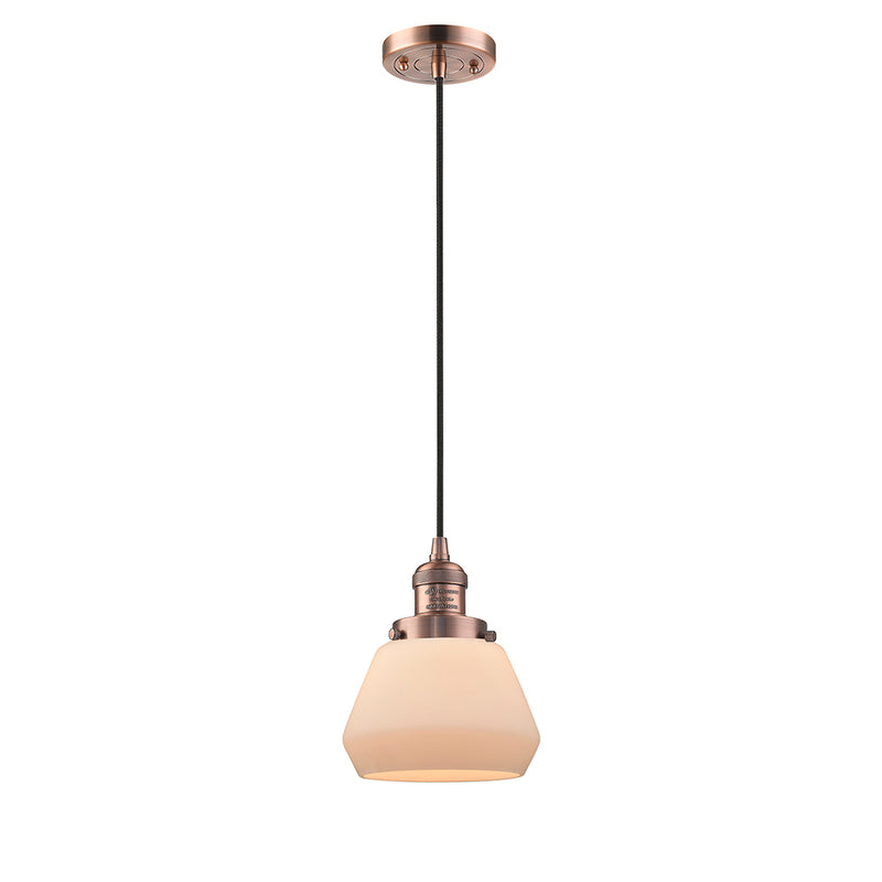 Fulton Mini Pendant shown in the Antique Copper finish with a Matte White shade