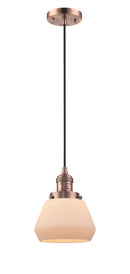 Innovations Lighting Fulton 1-100 watt 7 inch Antique Copper Mini Pendant with Matte White Cased glass 201CACG171