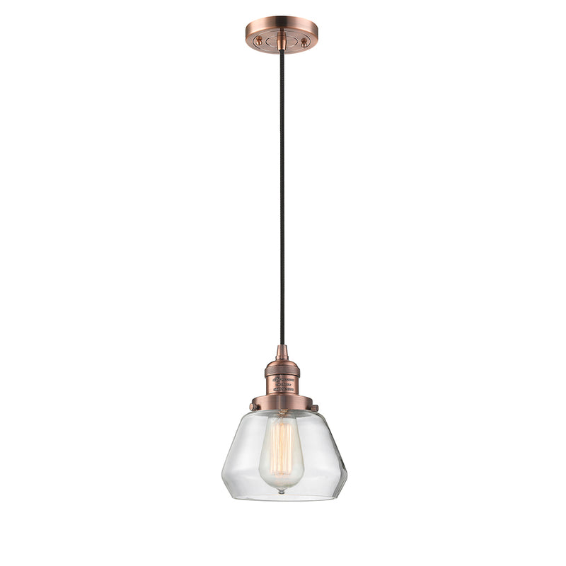 Fulton Mini Pendant shown in the Antique Copper finish with a Clear shade