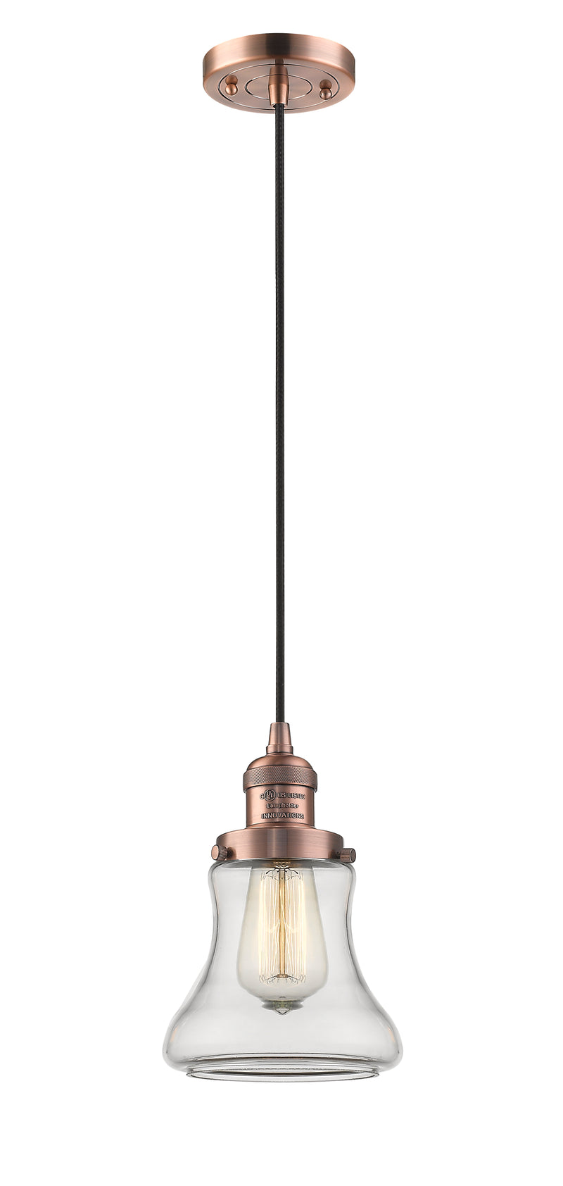 Innovations Lighting Bellmont 1-100 watt 6 inch Antique Copper Mini Pendant with Clear glass 201CACG192