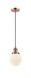 Innovations Lighting Beacon 1-100 watt 6 inch Antique Copper Mini Pendant with Matte White Cased glass 201CACG2016