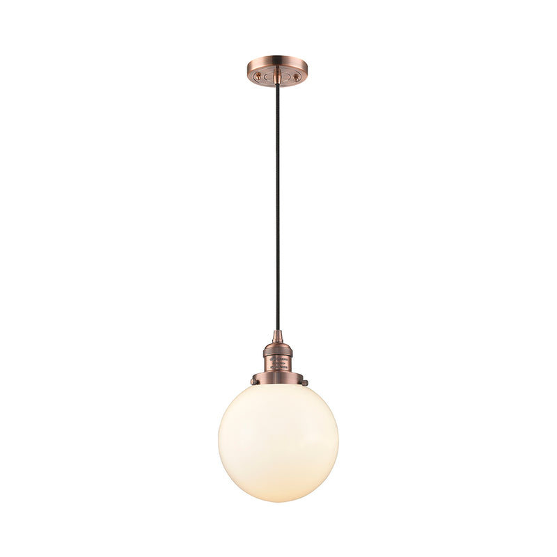 Beacon Mini Pendant shown in the Antique Copper finish with a Matte White shade