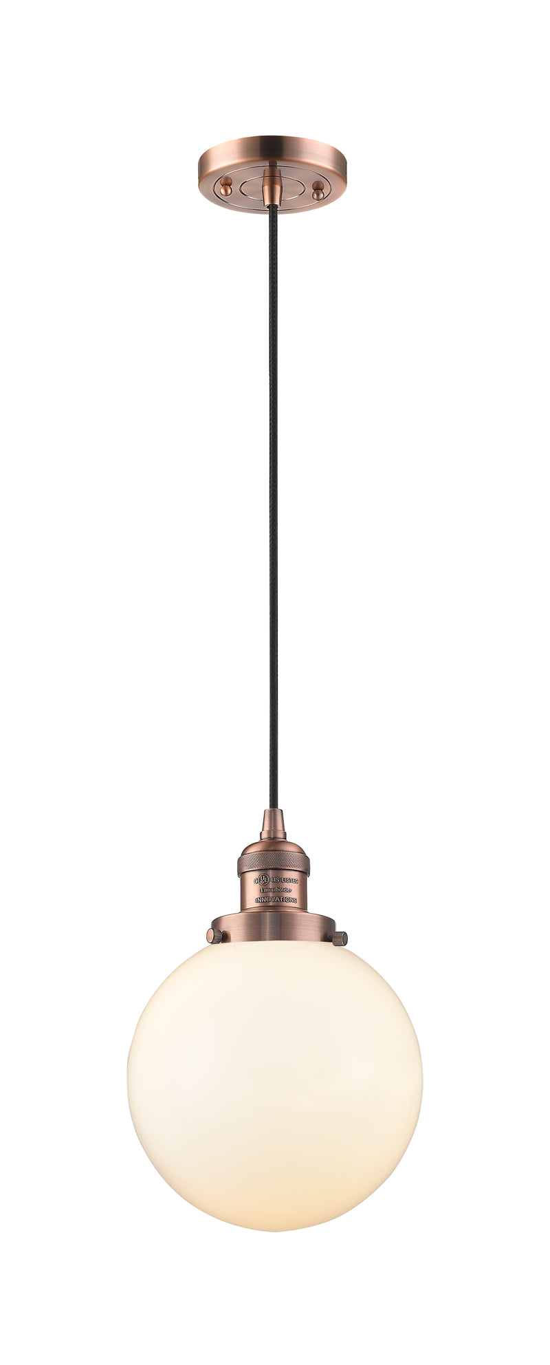 Innovations Lighting Beacon 1-100 watt 6 inch Antique Copper Mini Pendant with Matte White Cased glass 201CACG2018