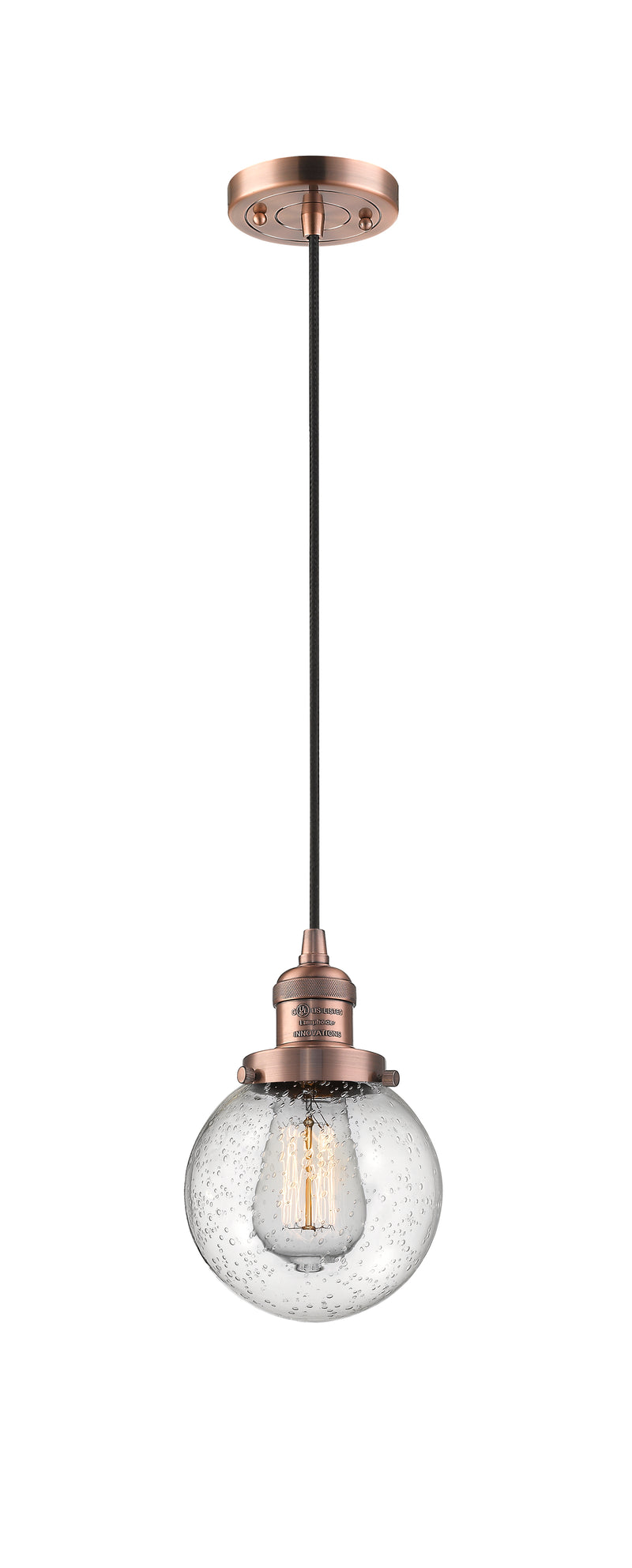 Innovations Lighting Beacon 1-100 watt 6 inch Antique Copper Mini Pendant with Seedy glass 201CACG2046