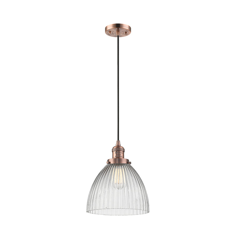 Seneca Falls Mini Pendant shown in the Antique Copper finish with a Clear Halophane shade