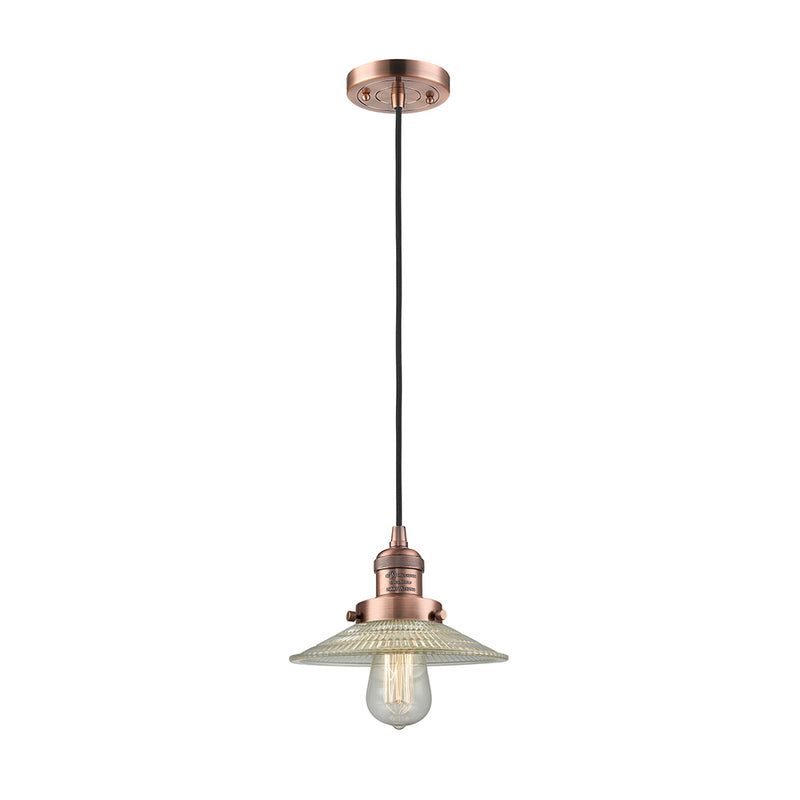 Halophane Mini Pendant shown in the Antique Copper finish with a Clear Halophane shade