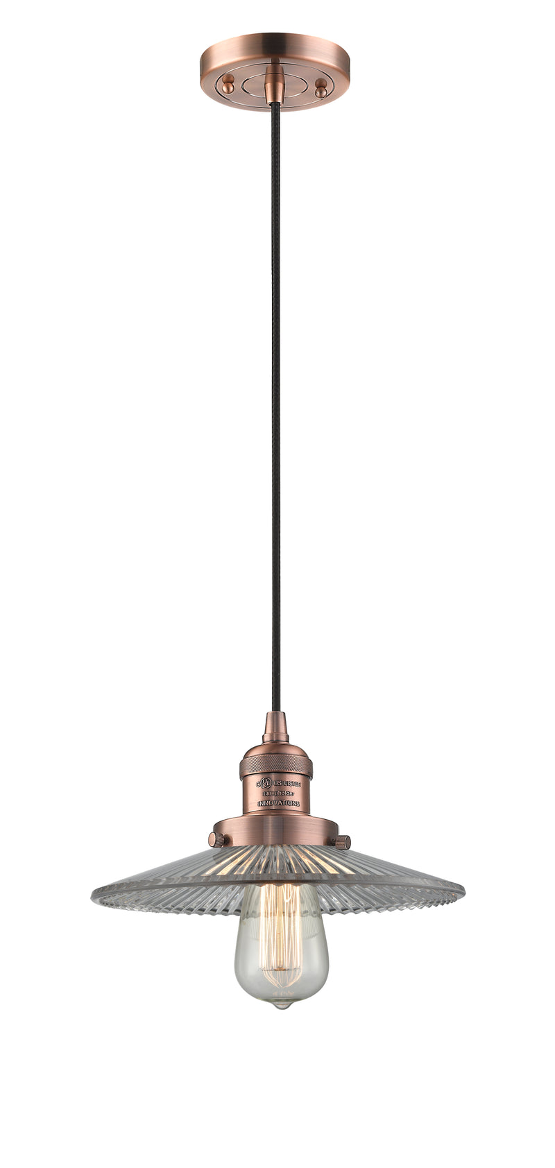 Innovations Lighting Halophane 1-100 watt 10 inch Antique Copper Mini Pendant with Halophane glass 201CACG2