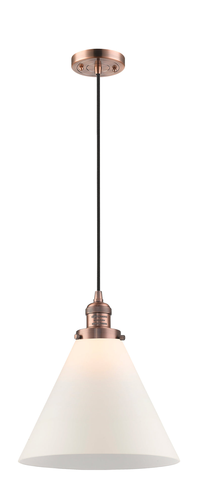 Innovations Lighting X-Large Cone 1-100 watt 12" Antique Copper Mini Pendant with Matte White Cased glass 201CACG41L