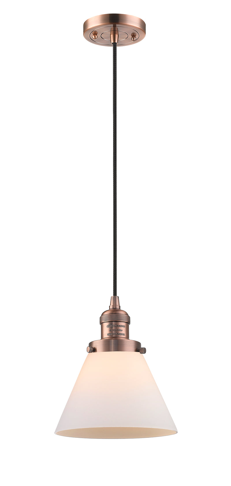 Innovations Lighting Large Cone 1-100 watt 8 inch Antique Copper Mini Pendant with Matte White Cased glass 201CACG41