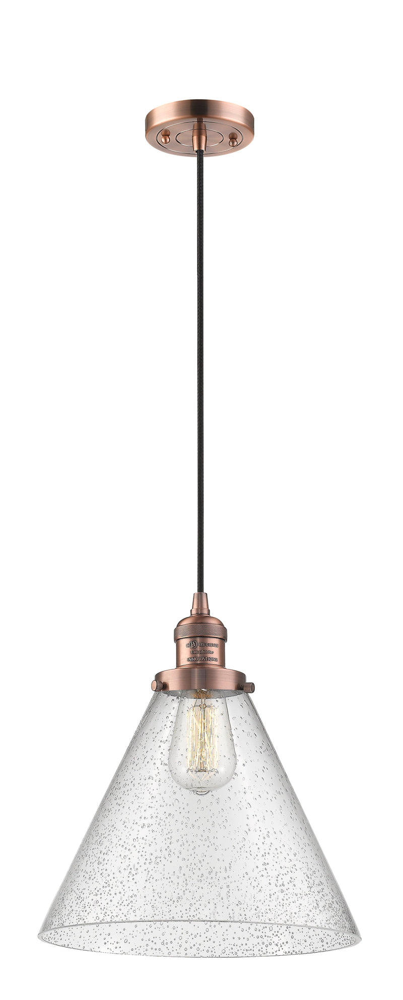 Innovations Lighting X-Large Cone 1-100 watt 12" Antique Copper Mini Pendant with Seedy glass 201CACG44L