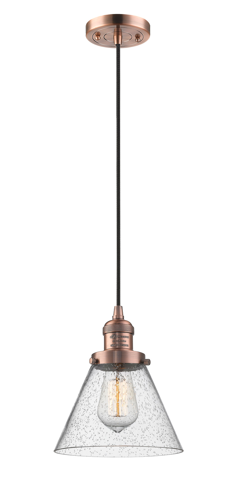 Innovations Lighting Large Cone 1-100 watt 8 inch Antique Copper Mini Pendant with Seedy glass 201CACG44