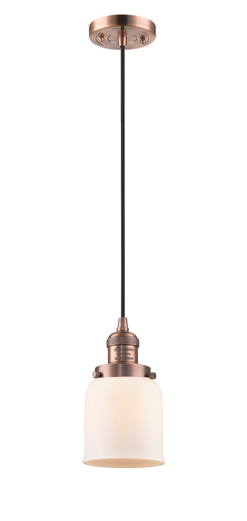 Innovations Lighting Small Bell 1-100 watt 6 inch Antique Copper Mini Pendant with Matte White Cased glass 201CACG51