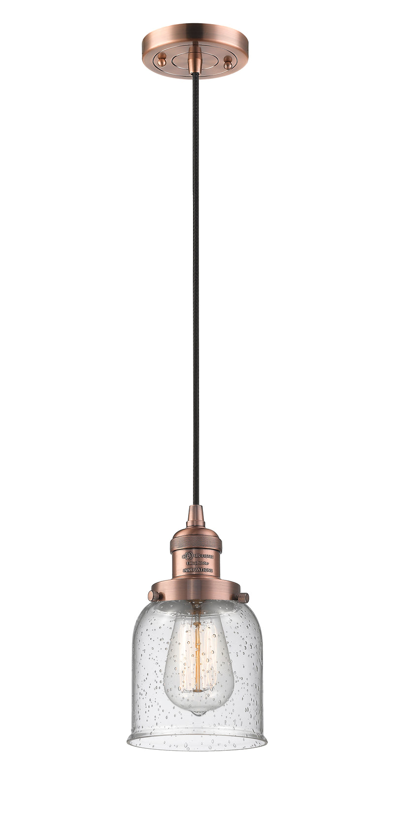 Innovations Lighting Small Bell 1-100 watt 6 inch Antique Copper Mini Pendant with Seedy glass 201CACG54