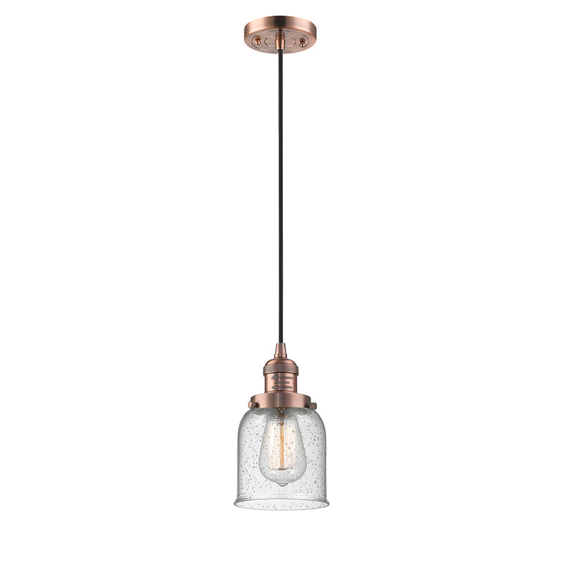 Bell Mini Pendant shown in the Antique Copper finish with a Seedy shade