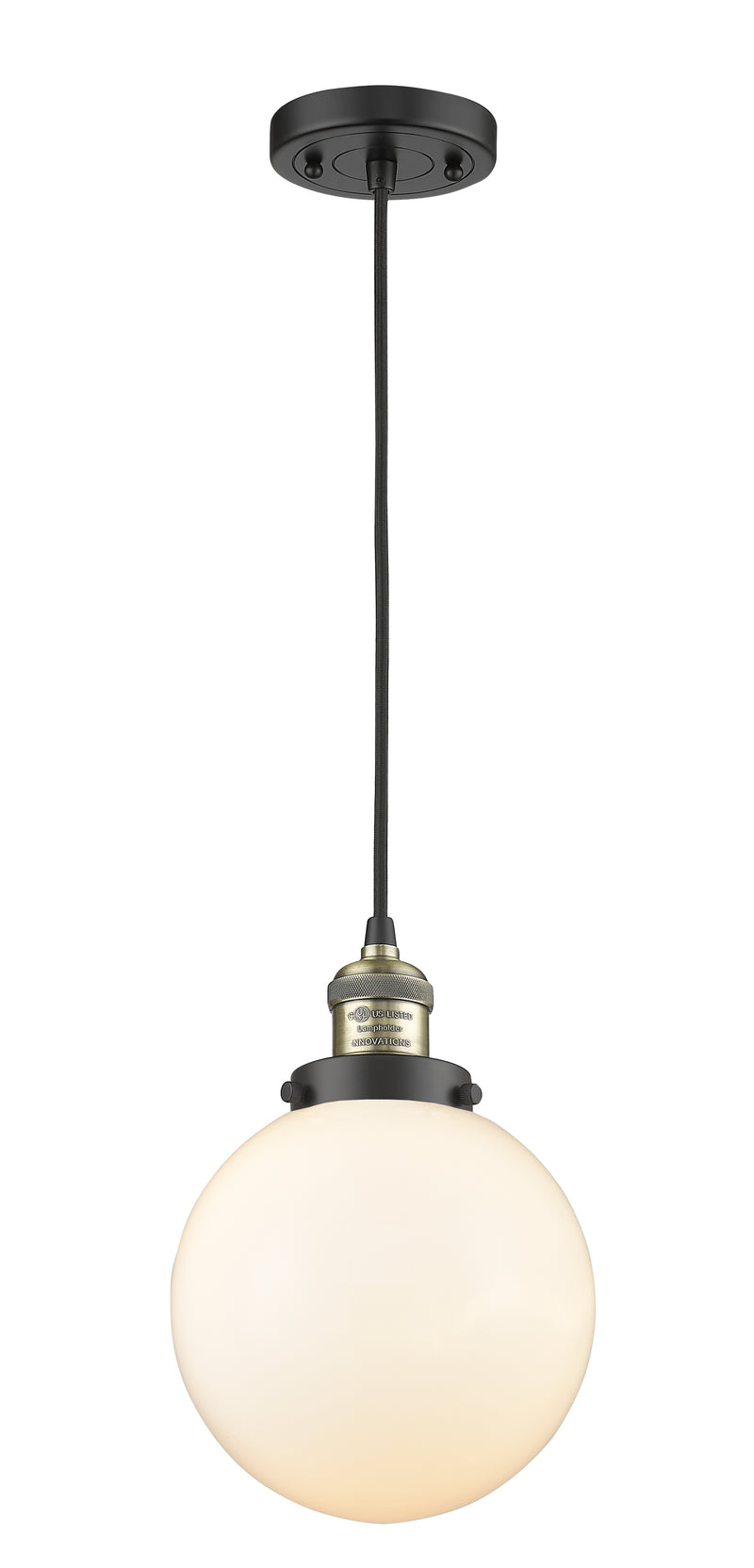 Innovations Lighting Beacon 1-100 watt 8 inch Black Antique Brass Mini Pendant with Matte White Cased glass 201CBABG2018