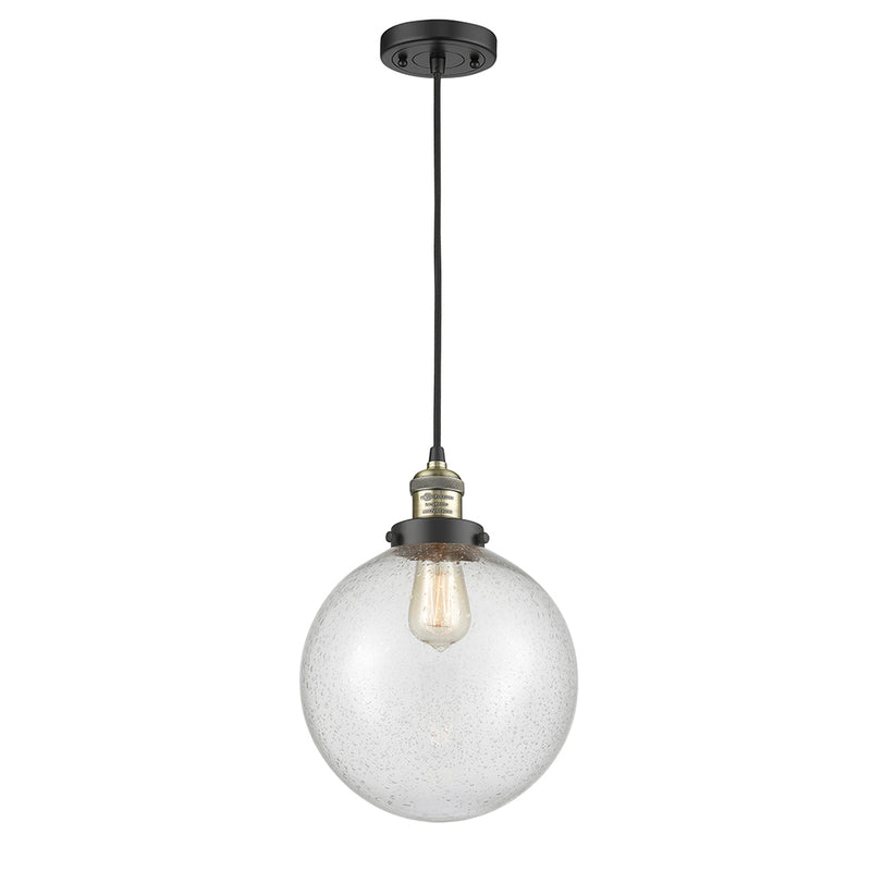 Beacon Mini Pendant shown in the Black Antique Brass finish with a Seedy shade