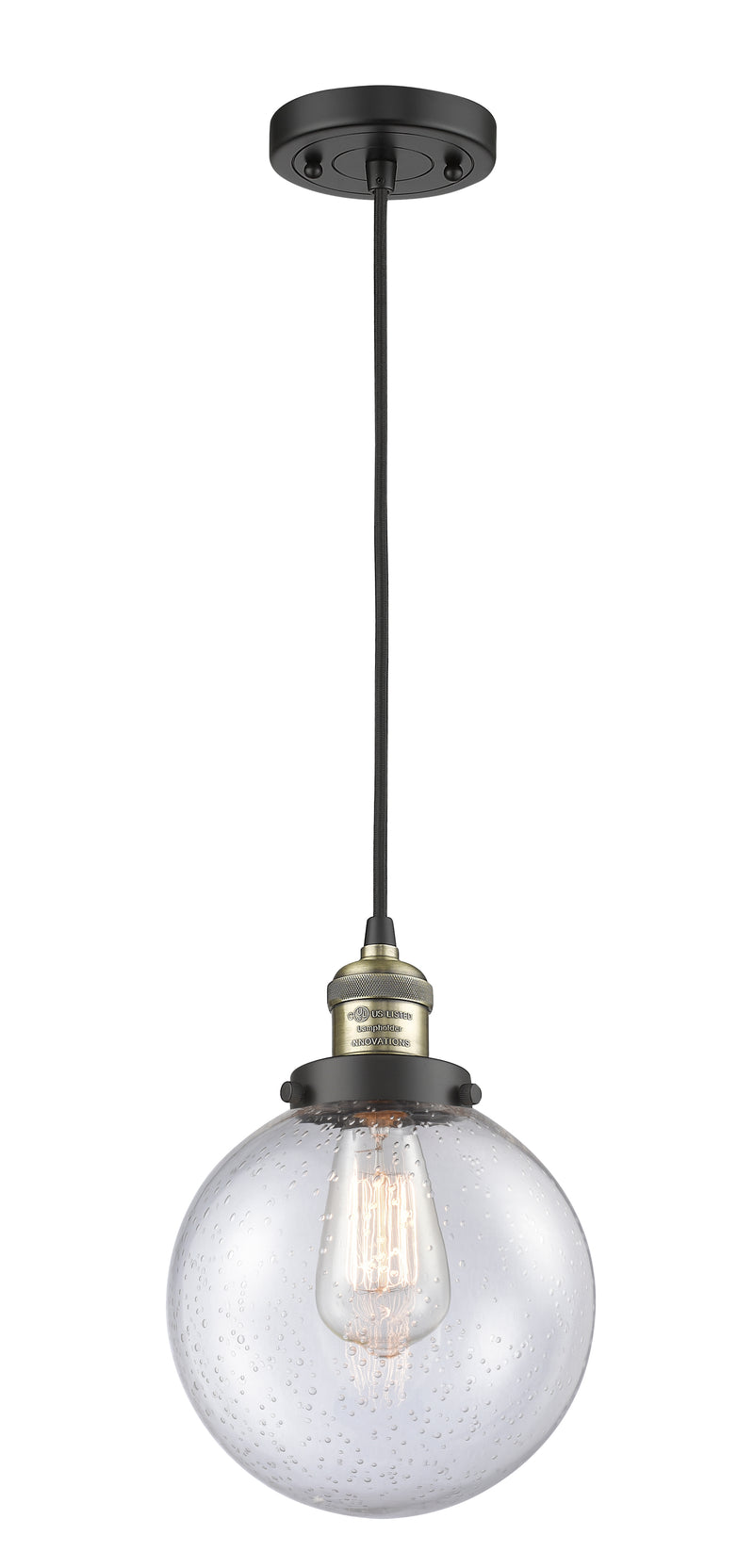 Innovations Lighting Beacon 1-100 watt 8 inch Black Antique Brass Mini Pendant with Seedy glass 201CBABG2048